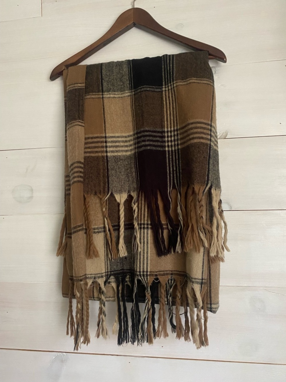 Womens Plaid Fringe Scarf in Brown Multi XL In Size